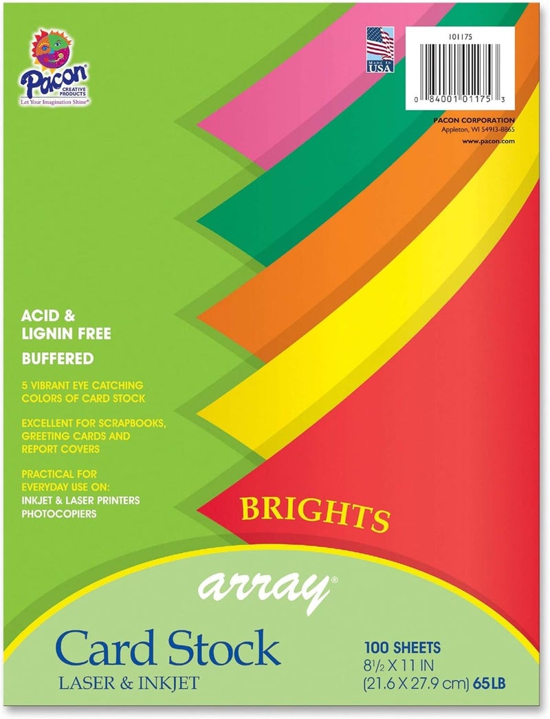 Pacon Array Card Stock, Bright Assortment, 5 Vibrant Colors, 8.5" x 11", 100 Sheets - Image 1